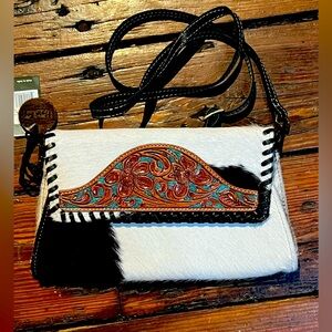 Myra -playful wallet- small purse, leather and hairon, black/white/brown-NWT